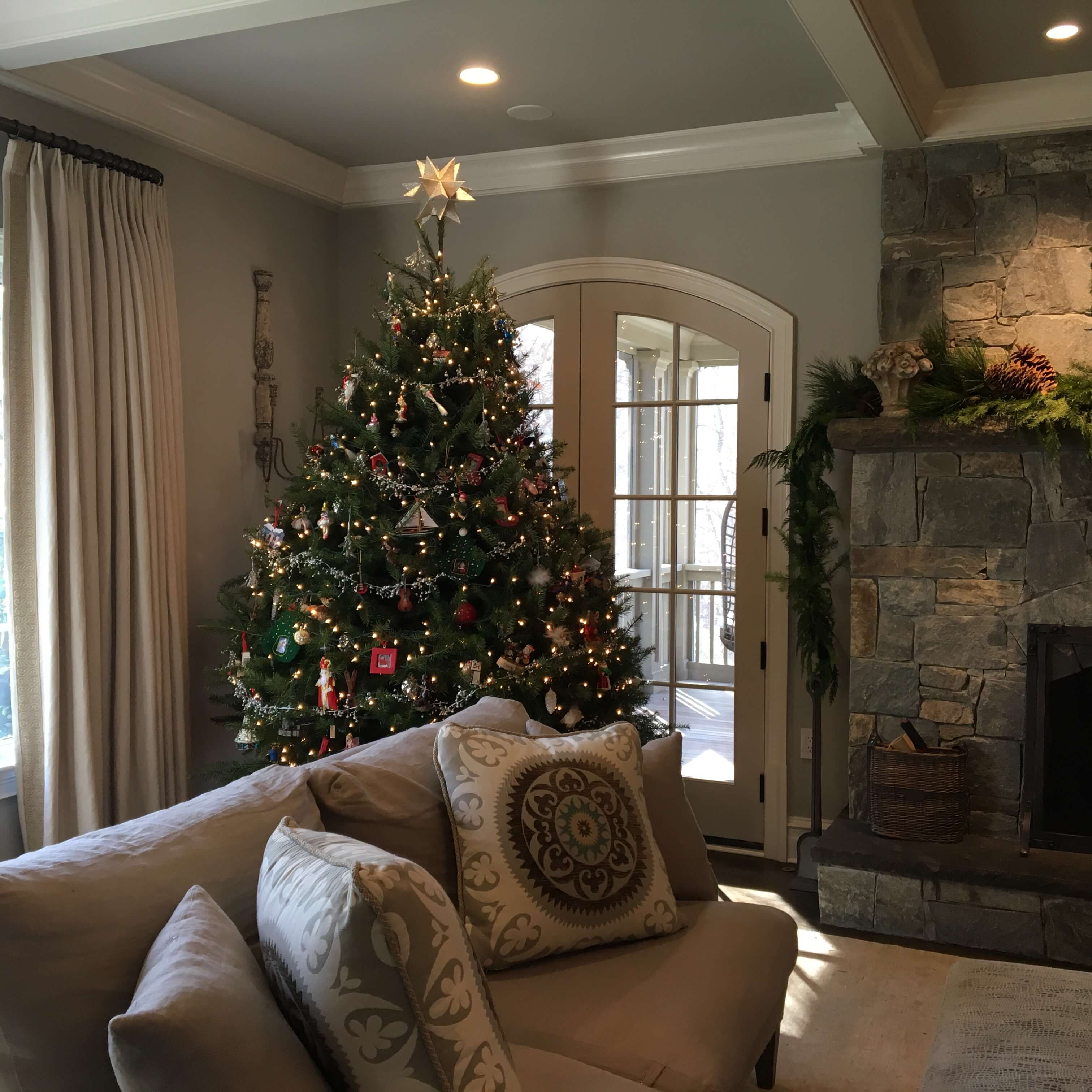 Decorating with Fresh Greens on Mantle and Tree